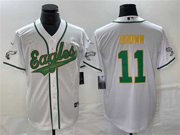 Mens Philadelphia Eagles #11 A. J. Brown White Gold Cool Base Baseball Stitched Jersey